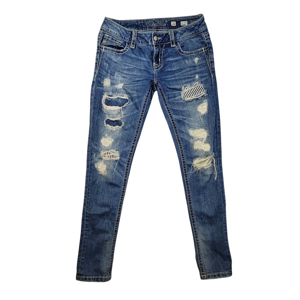 Miss Me Skinny Jeans Mid Rise Distressed/Patchwork Medium Wash Size 26